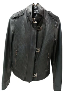 Italien Leder Vera Pelle schwarz kurze Motorrad Jacke Damen 8/44 It durchgehender Reißverschluss Biker - Bild 1 von 10