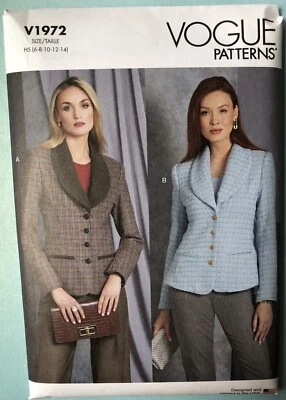 Vogue Pattern V1972  Fitted Jacket Shawl Collar Sizes 6-8-10-12-14 UNCUT - Image 1 of 3