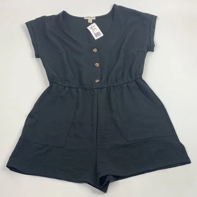 Derek Heart black shorts Romper Size Medium Rolled sleeve Buttons pockets NEW - Image 1 of 4