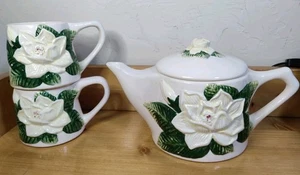 Vintage Floral Teapot Magnolia Gardenia Flower Ceramic W 2 Cups Read - Picture 1 of 18