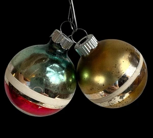 Quecksilber Glas KUGELN SHINY BRITE Ornamente 2 Vintage Weihnachtsbaum gestreift 1,75" - Bild 1 von 11