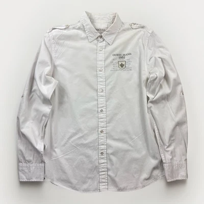 Camisa Guess Jeans Blanca Botón L Y2K Logo Algodón Riviera Francesa Militar Foto 1 de 4