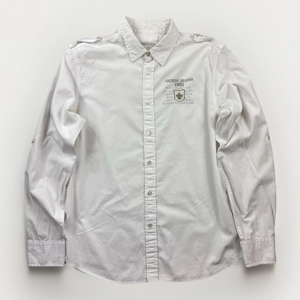 Camisa Guess Jeans Blanca Botón L Y2K Logo Algodón Riviera Francesa Militar Foto 1 de 4
