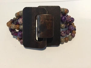 Chunky Brown Wooden Buckle 5 Strand Purple Jasper and Crystal Beaded Bracelet - Picture 1 of 4