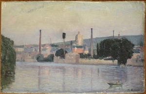 Peinture impressionniste signée M. SIMON vers 1890 usine fleuve painting - Imagen 1 de 5