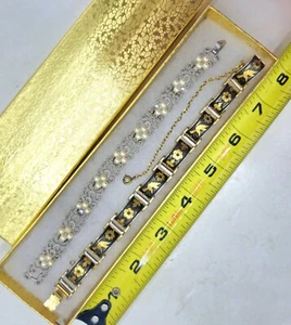 Damascene Gold on Black Art Vintage Link and Silver-tone Bracelet Lot w Gift Box - Picture 1 of 14