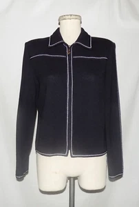 St John Collection Black Pique Knit, Dashed White Trim Zip Front Blazer Jacket 6 - Picture 1 of 6