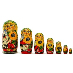 Set of 7 Yana with Cat in Red Dress Nesting Dolls 8.5 Inches - Picture 1 of 2