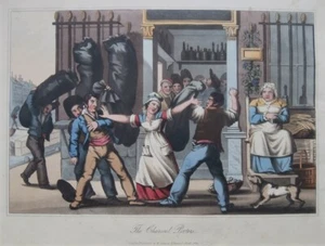 VICTOR AUVER französischer Künstler BAR FIGHT Kabarett TAVERNE handkoloriert 1825 GRAVUR - Bild 1 von 12