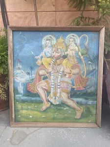 Antique Artist Hand Fine Hindu Lord Hanuman Rama Laxman Oil Painting Hardboard - Picture 1 of 12