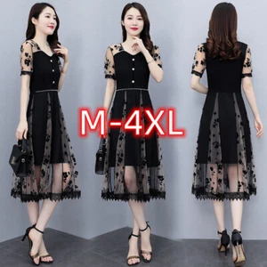 Women Mesh Tiered Dress Floral Lace Knee Length Evening Prom Ball Gown - Picture 1 of 15