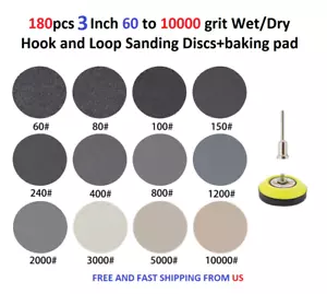 180pcs 3 Inch 60 to 10000 grit Wet/Dry Hook and Loop Sanding Discs+baking pad - Picture 1 of 4