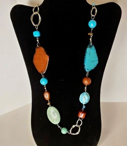 Schöne klobige Türkis & Braun Stein Mode Halskette - 34" Kostenloser Versand! - Bild 1 von 7