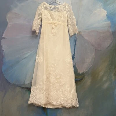 Vtg 60s 70s Wedding Dress Gown Cottagecore  Boho Lace Bow XXS - Image 1 of 4