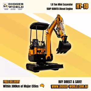 1.8 Ton HT-18 Mini Excavator, KUBOTA 15HP Diesel Engine, HIGHTOP - Picture 1 of 5