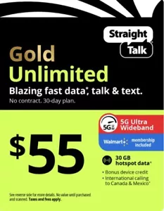 Straight Talk Rob Refill Card Unlimited Gold Plan 30 Day $55 FAST Top Up NOW - Picture 1 of 2