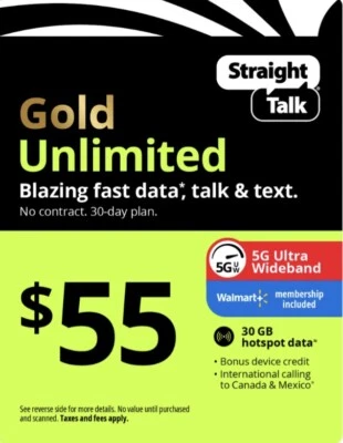 Straight Talk Rob  Refill Card Unlimited Gold Plan 30 Day $55 FAST Top Up NOW - Image 1 of 2