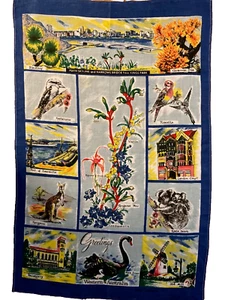 Western Australia Tourist Tea Towel Pure Linen Wildlife and Floral Blue - Picture 1 of 5