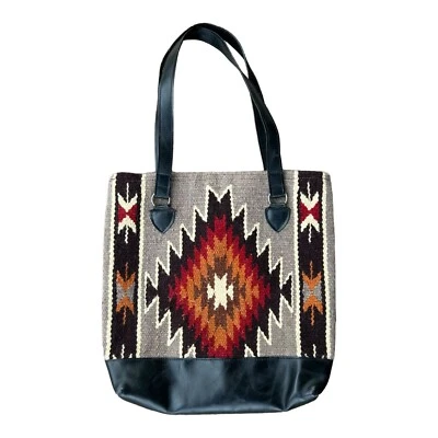 Western Saddle Blanket Southwestern Wool Large Tote Bag Aztec Boho Leather - Image 1 of 4