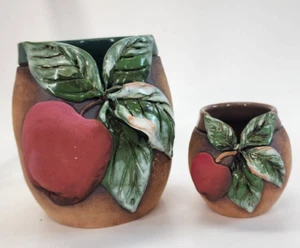 Old Patagonia Pottery Two Vase Set Applied Leaves Apple 5 inches and 2.5 inches - Picture 1 of 19
