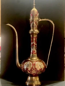 1800s Original Enamel Brass Middle Eastern Ewer Indian Turkey Persian Pitcher - Picture 1 of 17