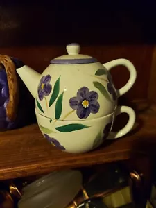Teapot & Cup Set for 1 Stacking White With Purple Flowers Pansies UNUSED - Foto 1 di 6