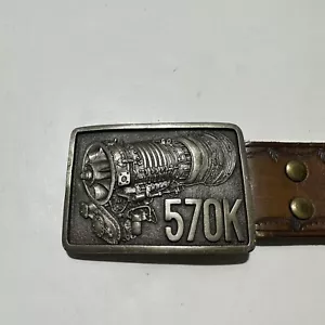 Vintage Jet Engine Buckle And Leather Belt 570k Embossed Monogram Western Style - Picture 1 of 6