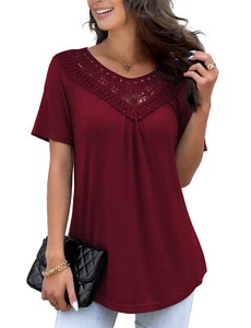 Women'S plus Size Summer Tops Short Sleeve Lace Pleated Blouses Tunic Tops M-4XL - Picture 1 of 11