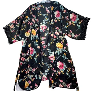 Vintage Delta Burke Large / XL Black Floral Chiffon Robe Kimono Coverup Boho - Picture 1 of 8