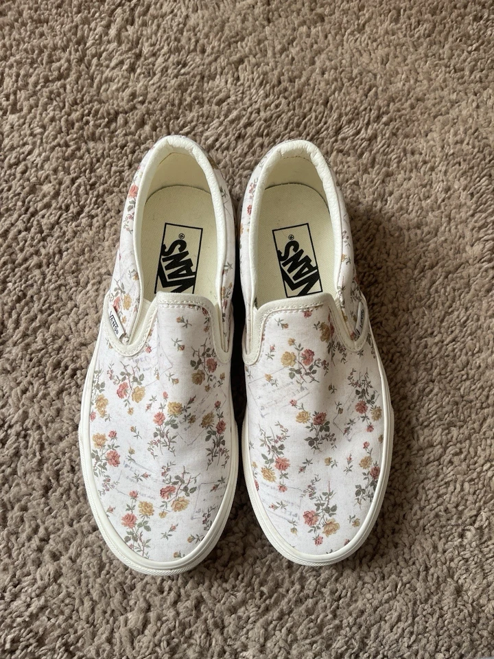 Vans Blanco Crema Rosa Rosas Flor Sin Cordones Mujer Talla 6 Foto 1 de 4