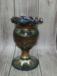 Hand Blown Iridescent Art Glass Vase Pedestal Compote Ruffled Rim Studio Heavy - Picture 1 of 8