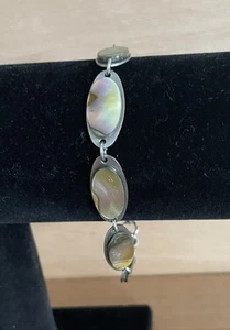 Braccialetto pietra conchiglia stile abalone tono argento bigiotteria costume - Foto 1 di 4