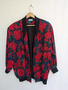 Vintage 80s De Vogue Collection Red Roses Floral Bomber Jacket Coat One Size - Picture 1 of 7