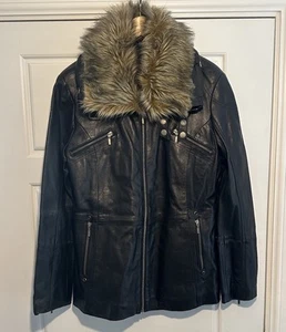 "CHAQUETA AVIATRIX NEGRA DE CUERO REAL CON CREMALLERA CUELLO DE PIEL SINTÉTICA EXTRAÍBLE XL PTP 20""" - Imagen 1 de 11