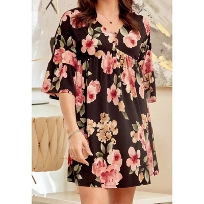 Dear Scarlett Black Floral Print V Neck Babydoll Dress with Ruffled Sleeves XL - Image 1 of 4