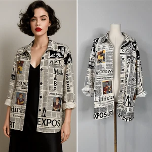 Newspaper Art Print Cotton Shirt Jacket 1X Gaudy Couture Picasso Edgy Statement - Picture 1 of 13