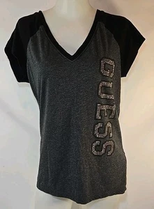 Guess Damen grau und schwarz V-Ausschnitt Top Strass Logo. Große - Bild 1 von 6