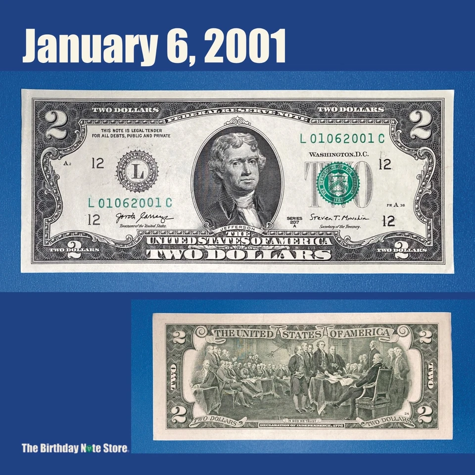 January 6, 2001 Birthday Anniversary $2 Two Dollar Bill Serial Number 01062001 - Image 1 of 2