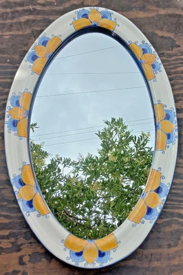 25" TALAVERA MIRROR bathroom wall decor vanity, Mexican pottery folk art hanging - Image 1 of 4