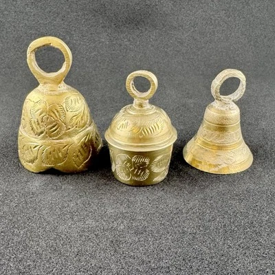 Vintage Set Of 3 Sarna Bells Of India Brass Indian Etched Bells In Various Sizes - Image 1 of 4