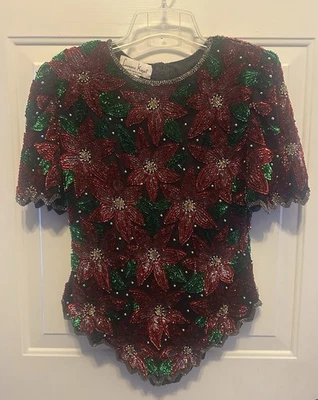 Top de lentejuelas vintage Laurence Kazar Navidad flor de pascua seda con cuentas talla mediana Foto 1 de 3