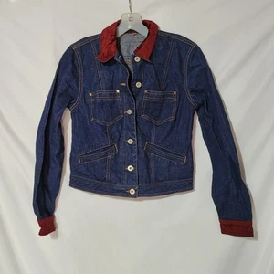 Vintage Small - GUESS - Blue Denim Jacket, Button Up, Red Faux Suede Trim - Picture 1 of 7
