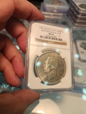 F1 Nueva Zelanda 1949 Corona de Plata Propuesta Visita Real NGC MS-65 Foto 1 de 2