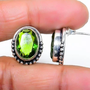 Green Peridot Gemstone 925 Sterling Silver Jewelry Stud Earring Size 0.75" - Picture 1 of 1