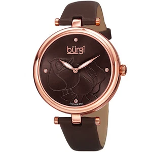Women's Burgi BUR151BR Flower Engraved Diamond Dial Genuine Leather Strap Watch - Picture 1 of 4