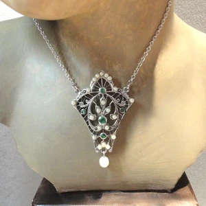 Jugendstil Smaragd Schmuck Perle Collier Halskette Retro Silber 925/- rhodiniert - Bild 1 von 8