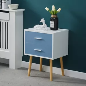 Blue Bedside Table 2 Drawers Modern Nightstand Cabinet Wood Legs Side Table - Picture 1 of 15