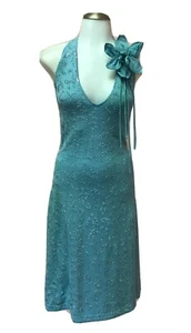 ST JOHN Evening 10 Large Pretty Paillette Blue Knit Designer Womens Halter Dress - Picture 1 of 12