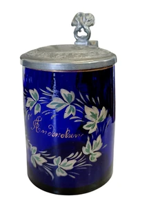 Vintage Bierkrug aus Blauglas mit Zinn-Deckel & Blumen Andenken Biedermeier - Bild 1 von 10