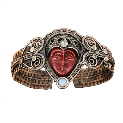 Copper Oval Red Carved Stone Gemstone Rainbow Moonstone Graduation Cuff Bracelet - Image 1 of 4